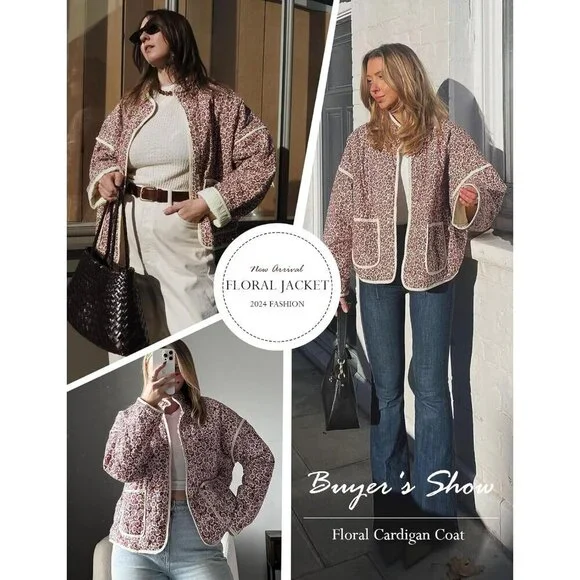 Women’s Red Cropped Puffer Quilted Jacket Floral Print Lightweight Coat - Picture 4 of 5